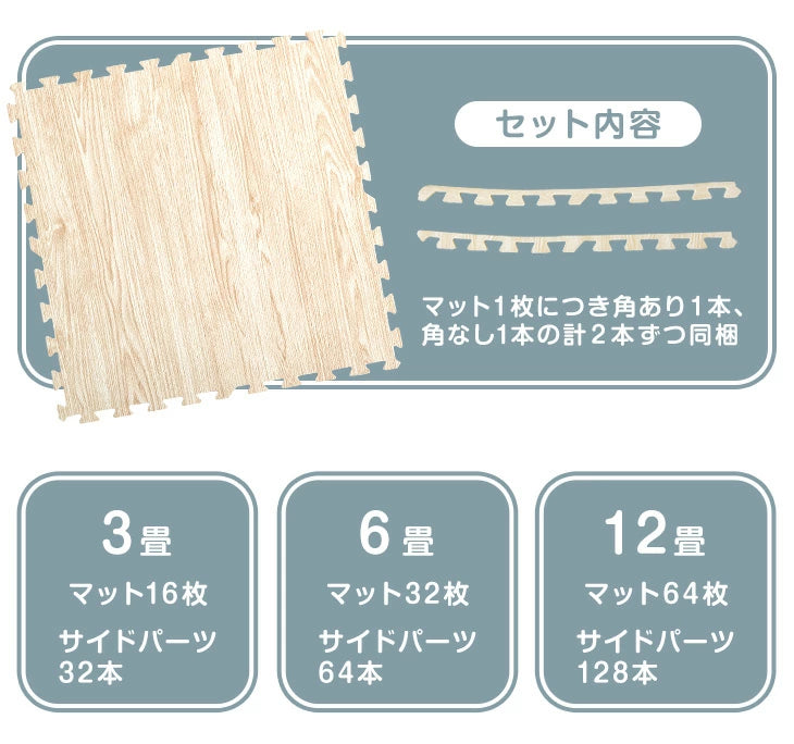 ［12畳］防炎 ジョイントマット 64枚 大判59cm 木目調 1級防音 抗菌 防臭 床暖房対応〔31800050〕