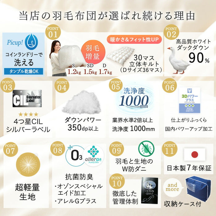 [ダブル] 増量1.7kg 羽毛布団 ホワイトダックダウン90％ CILシルバーラベル 350dp以上 かさ高145mm以上 日本製〔39100056〕
