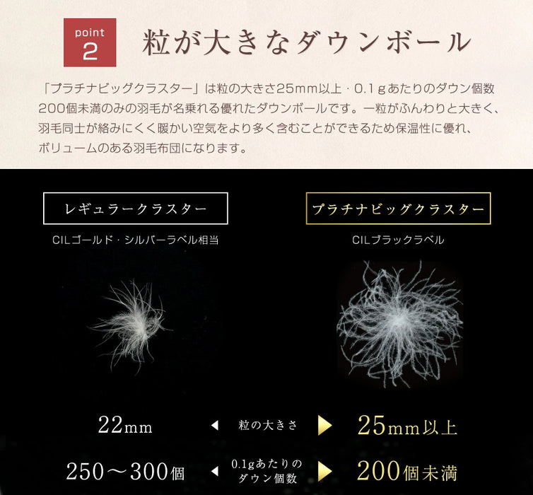 [シングル] 羽毛布団 ホワイトダックダウン95％ プラチナビッグクラスター CILブラックラベル 立体キルト 440dp以上 7年保証 日本製 〔39100057〕