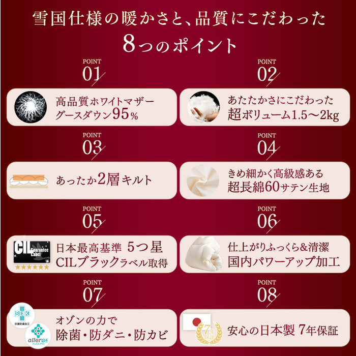 ★12月の目玉★[シングル] 羽毛布団 超増量1.5kg マザーグースダウン95％ CILブラックラベル 二層キルト 440dp以上 かさ高180mm以上 超長綿 日本製 〔39100121〕