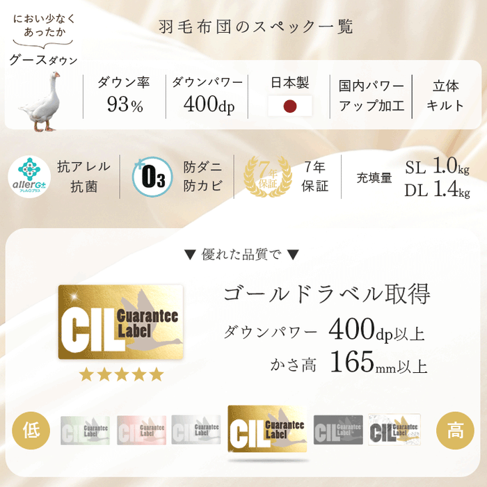 [シングル] 柄任せ 羽毛布団 ホワイトグースダウン93％ CILゴールドラベル  立体キルト 400dp以上 かさ高165mm以上 7年保証 日本製 〔39100205〕