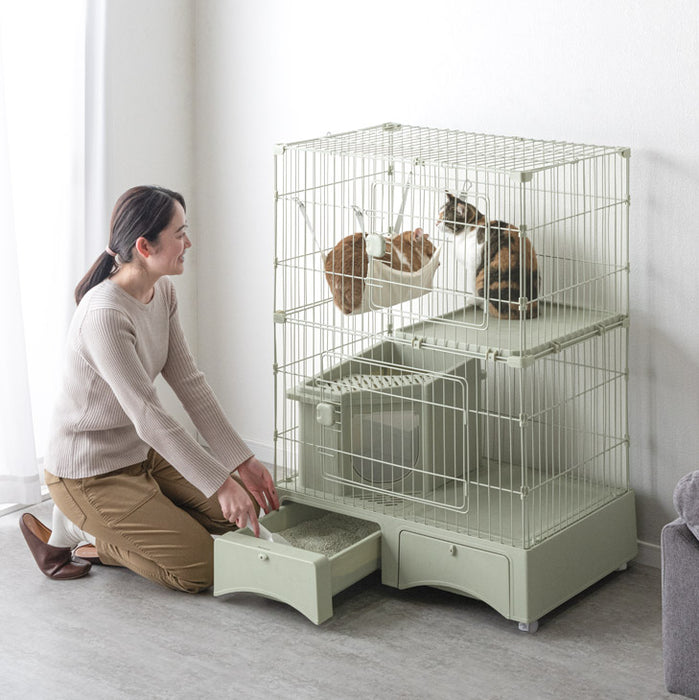 砂が飛ばニャい!? トイレ一体型 キャットケージ 2段 ハンモック スコップ 付き 猫用 大型〔52800016〕