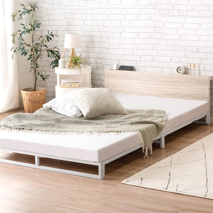 [クイーン] スチールローベッド 頑丈フレーム 単品 宮棚 2コンセント付 ロボット掃除機対応〔17610085〕