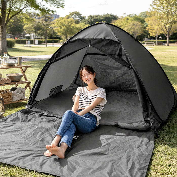《めざましテレビで紹介》［200cm］サンシェード付 ポップアップテント 遮熱 2～3人用 両面メッシュ フルクローズ uvカット 遮光〔43500002〕