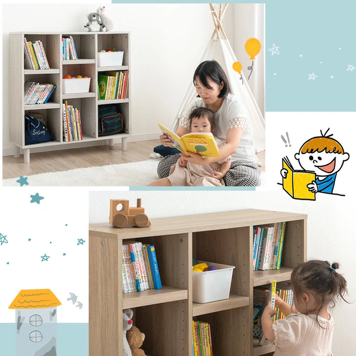 幅90 絵本棚 3段 高さ19段階 おもちゃ収納 木製 収納ラック キッズラック 本棚 ラック〔49600271〕