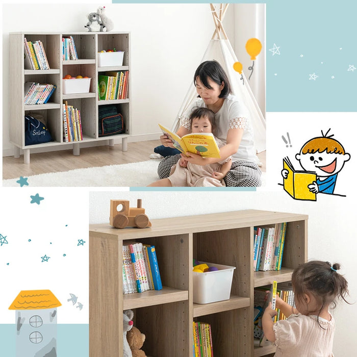 幅90 絵本棚 3段 高さ19段階 おもちゃ収納 木製 収納ラック キッズラック 本棚 ラック〔49600271〕