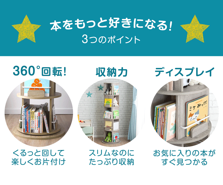 回転 絵本棚  4段 飾り棚 絵本ラック キッズラック 大容量 省スペース 子供部屋 リビング おしゃれ 〔49600274〕