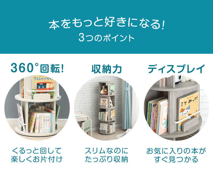 【アウトレット 旧仕様品】回転 絵本棚  5段 飾り棚 絵本ラック キッズラック 大容量 省スペース 子供部屋 ホワイトアッシュ 〔4960027513・out2981〕
