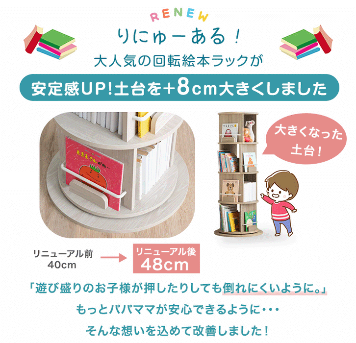 ［4段］回転 絵本棚 図鑑対応 飾り棚 絵本ラック キッズラック 大容量 省スペース 子供部屋 リビング おしゃれ 〔49600316〕