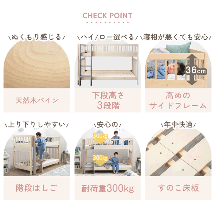 【新発売記念プライス】天然木 二段ベッド 高さ3段階調整 分離 左右組み替えOK ロータイプ140cm【超大型商品】〔49600381〕