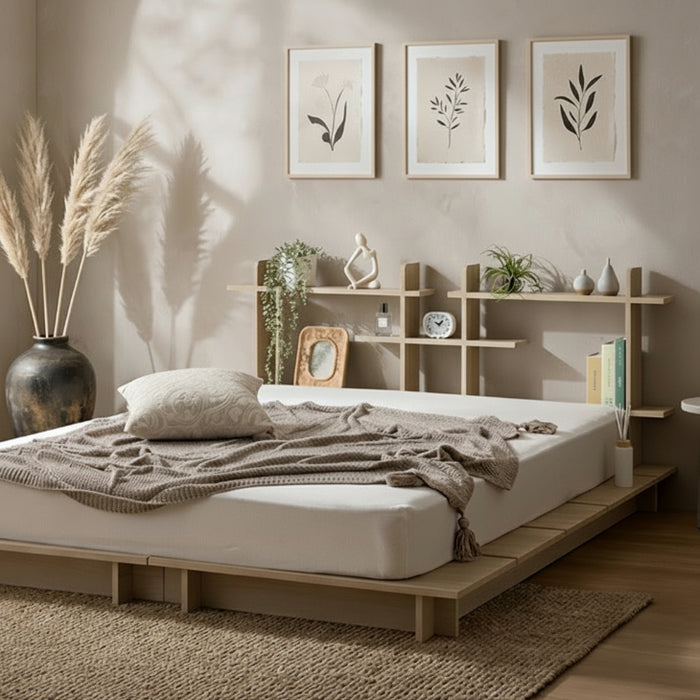 ［ダブル］ディスプレイを愉しむ。ステージベッド 宮棚付き ベッドフレーム 単品 木製〔49600403〕