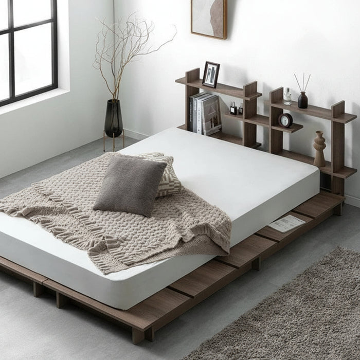 【新発売記念プライス】［ダブル］ディスプレイを愉しむ。ステージベッド 宮棚付き ベッドフレーム 単品 木製〔49600403〕