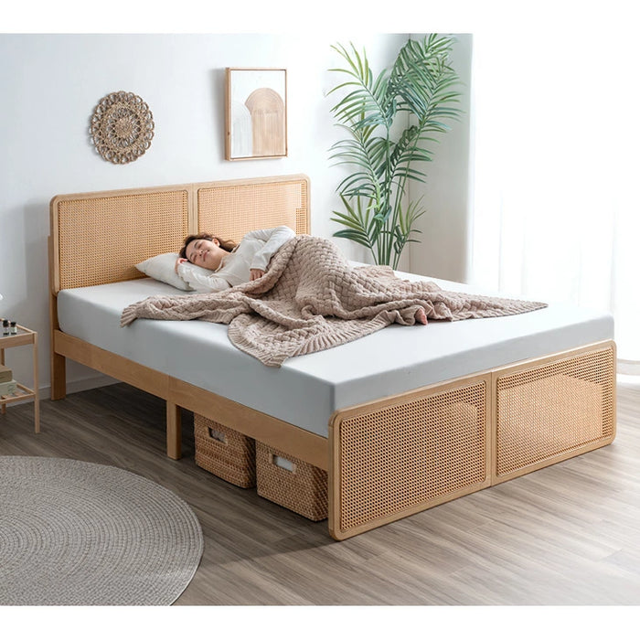 ［ダブル］ラタン調 ベッドフレーム ベッド すのこベッド 木製 北欧〔49600409〕