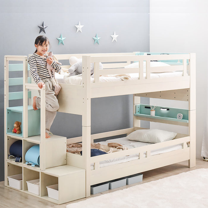 [お得セット] 現役ママが考えた 二段ベッド+ポケットコイルマットレス2枚 階段付き 木製 ハイタイプ 分離可能 収納 子供 大人用【超大型商品】〔49604789〕