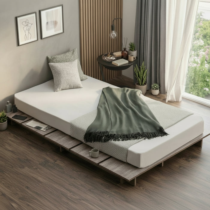 ［シングル］超スピード組立 木目調 ステージベッド 単品 ベッドフレーム ローベッド 幅120cm フロアベッド ヘッドレス 木製 すのこ〔49610277〕