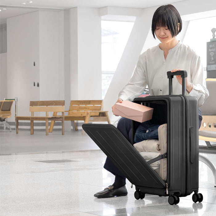 RENEW キャリーケース Mサイズ 省スペース 片開き 多機能 フロントオープン 充電 USB type-c カップホルダー スマホスタンド スーツケース 軽量 静音 かわいい おしゃれ〔84200017〕