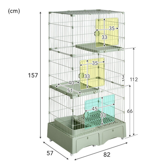 トイレ付き キャットケージ 3段 引き出し 収納 スコップ キャスター トイレ一体型 ケージ 猫ケージ 〔52800019〕