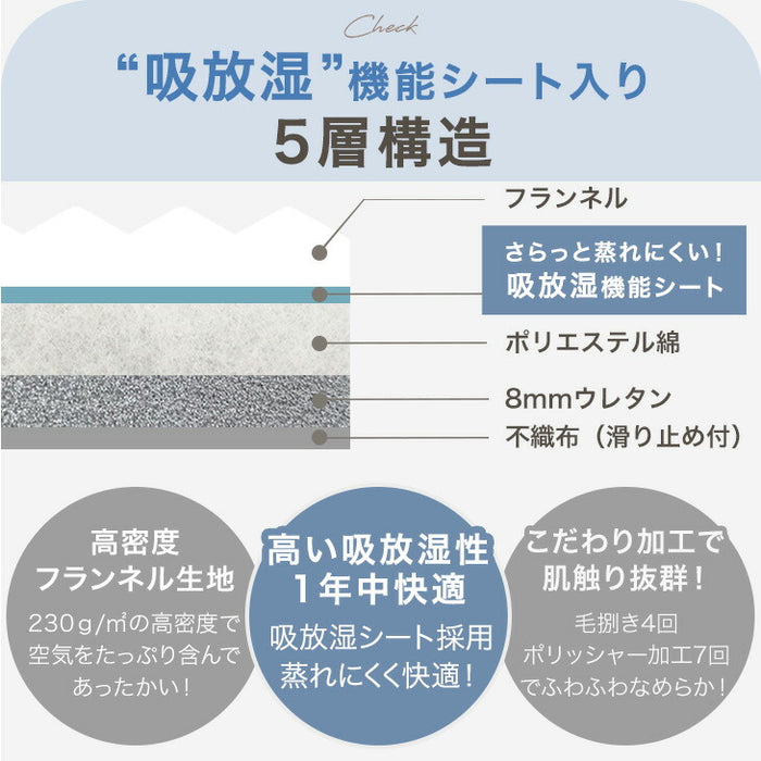 ［190×190］洗える ストライプ フランネル キルトラグ ホットカーペット対応 防菌 防臭 防ダニ 床暖房対応 滑り止め〔61300051〕