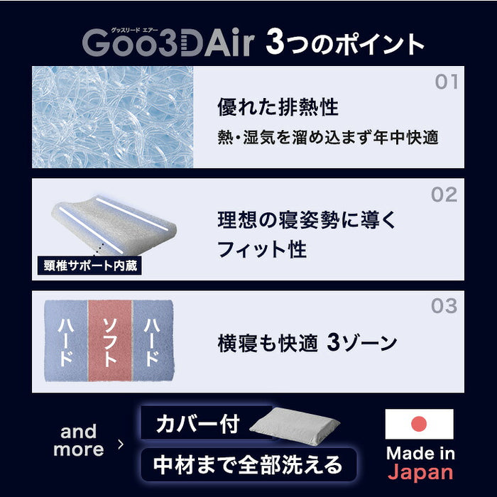 【新発売記念プライス】空気でできた枕 Goo3D Air 枕 カバー付 洗える 防ダニ 高反発 日本製 体圧分散 ウェーブ型〔51300051〕