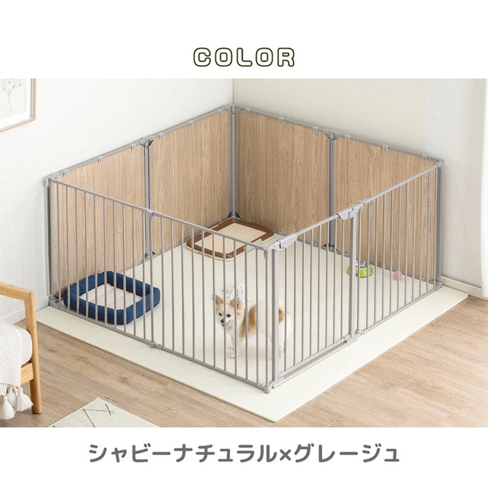 【新発売記念プライス】［6枚］ペットサークル 壁ガード付 木目調 ドア付き 折り畳み 組み換えOK〔64900014〕