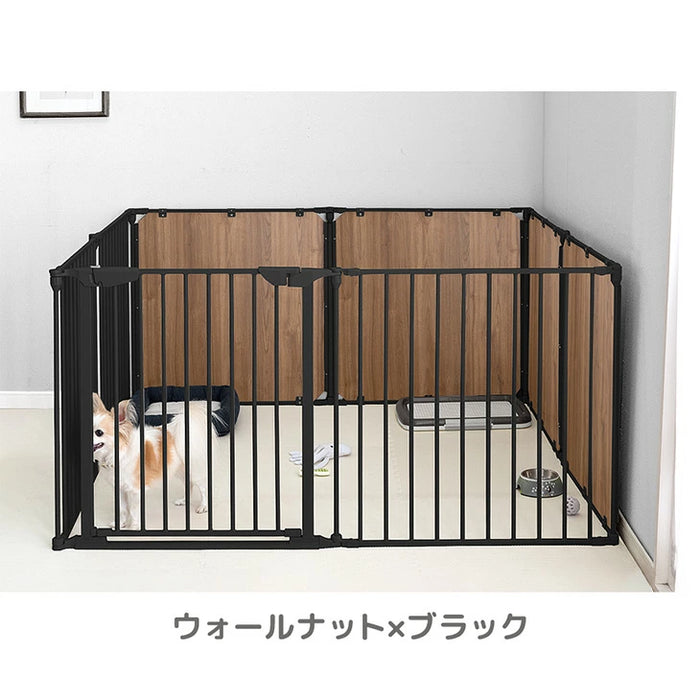 【新発売記念プライス】［6枚］ペットサークル 壁ガード付 木目調 ドア付き 折り畳み 組み換えOK〔64900014〕