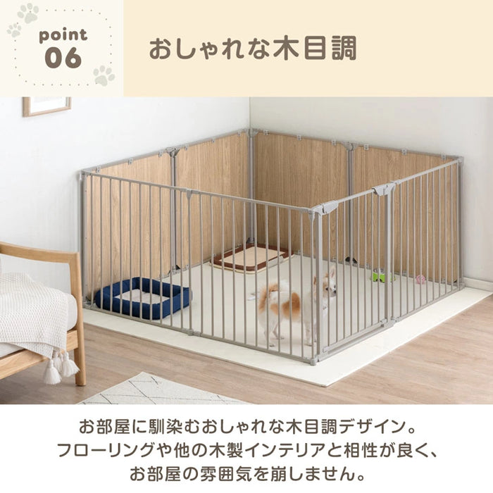 【新発売記念プライス】［6枚］ペットサークル 壁ガード付 木目調 ドア付き 折り畳み 組み換えOK〔64900014〕