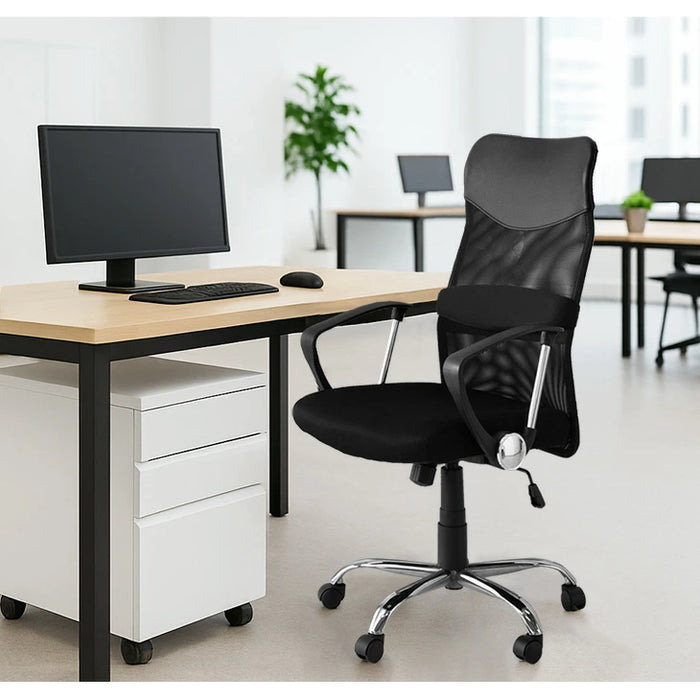 オフィスチェア 腰楽ランバーサポート付 アームレスト固定式 床傷防止 PUキャスター ハイバック メッシュ 肘付き チェア *G-AIR*〔65090108〕