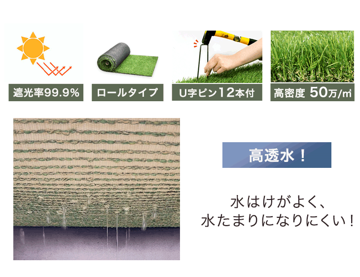 [0.5m×10m] 水はけ4倍 防草機能付き 人工芝 高密度50万本/m 芝丈35mm 防草 ロール 一体型 ガーデン〔66700086〕