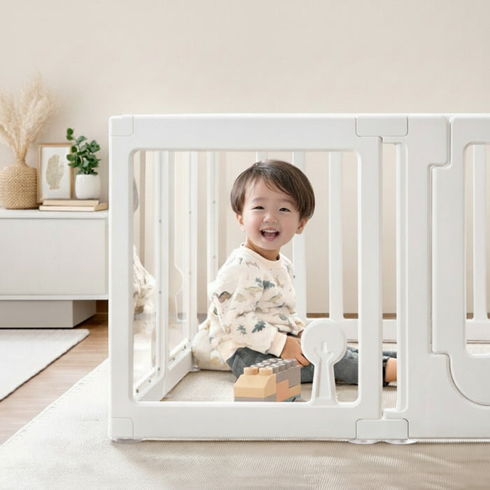 【新発売記念プライス】［130×150］クリア ベビーサークル ハイタイプ 可愛いキリンさん扉 滑り止め付 ジョイント式 扉付き〔72500009〕