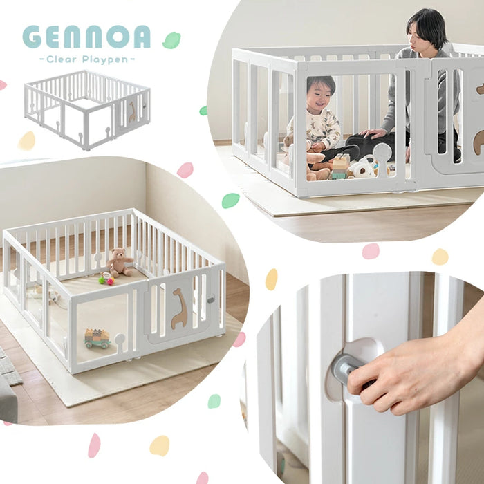 【新発売記念プライス】［130×150］クリア ベビーサークル ハイタイプ 可愛いキリンさん扉 滑り止め付 ジョイント式 扉付き〔72500009〕