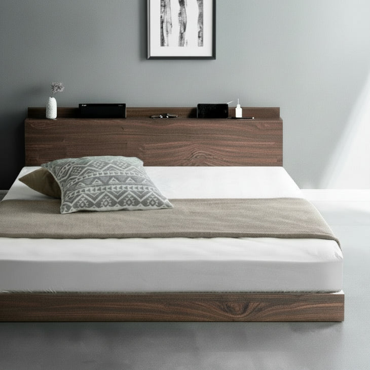 ダブル] USB・2コンセント&スマホスタンド付 ローベッド フレームのみ