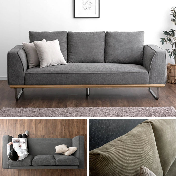 コーデュロイソファ 3人掛け ソファー クッション2個付き 天然木【玄関