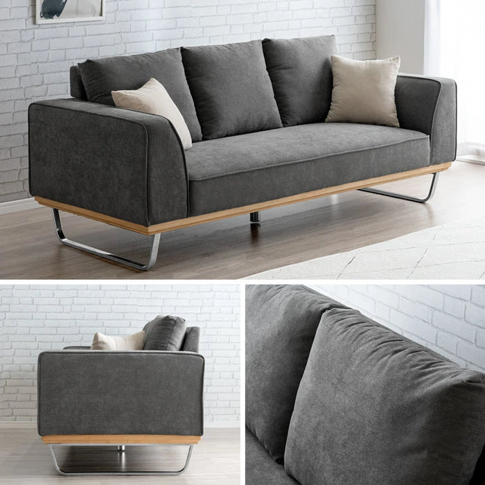 コーデュロイソファ 3人掛け ソファー クッション2個付き 天然木