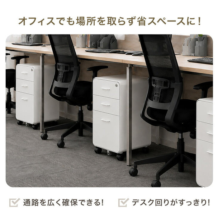 【新発売記念プライス】［法人のお客様］スリム デスクワゴン 3段 キャスター付き 完成品 鍵付き 全段フルオープン〔77400028〕