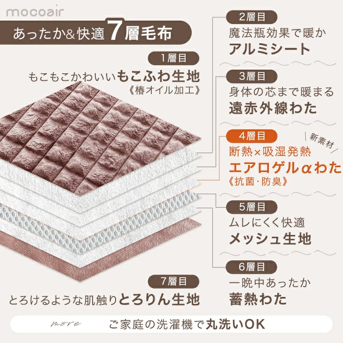 ［シングル］新素材“エアロゲルα”断熱＆発熱7層毛布 丸洗い 抗菌 防臭 保湿 カバー不要 暖かい フランネル mocoair〔80100106〕