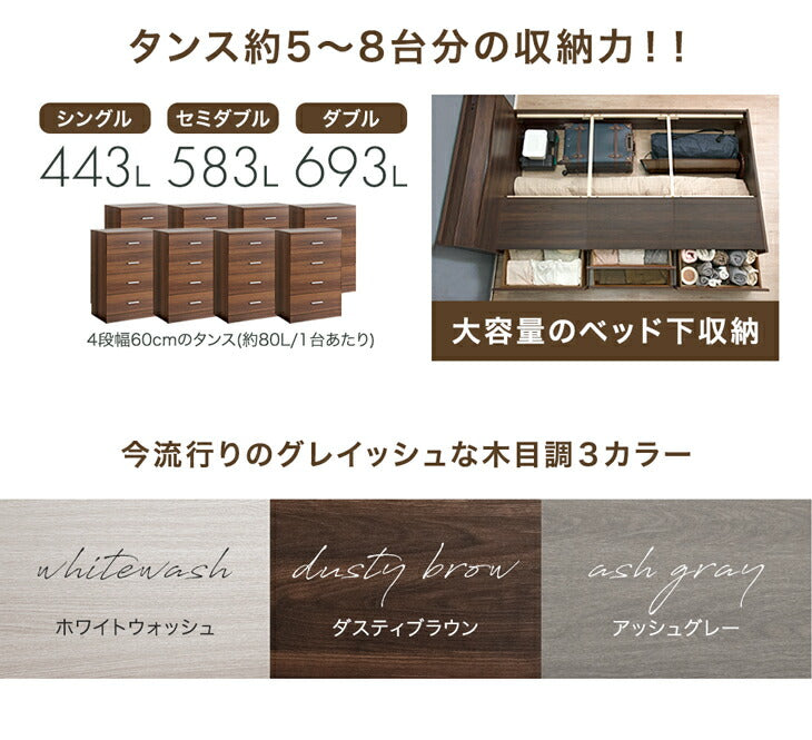 ［シングル］まるでタンスの収納力 大容量 収納付きベッド ベッドフレーム USB付き2口コンセント LEDライト【超大型商品】〔81200000a〕