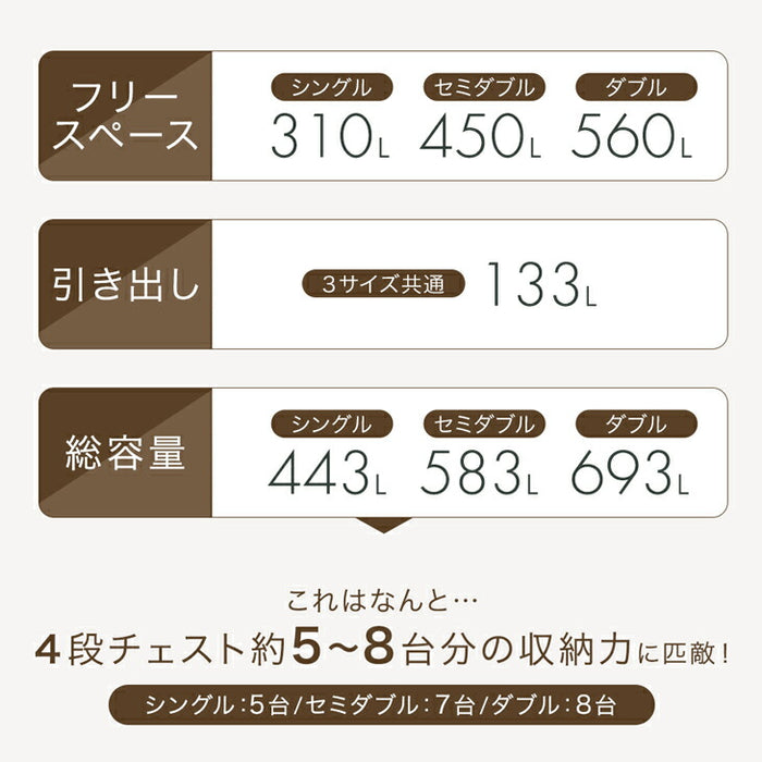 ［シングル］まるでタンスの収納力 大容量 収納付きベッド ベッドフレーム USB付き2口コンセント LEDライト【超大型商品】〔81200000a〕
