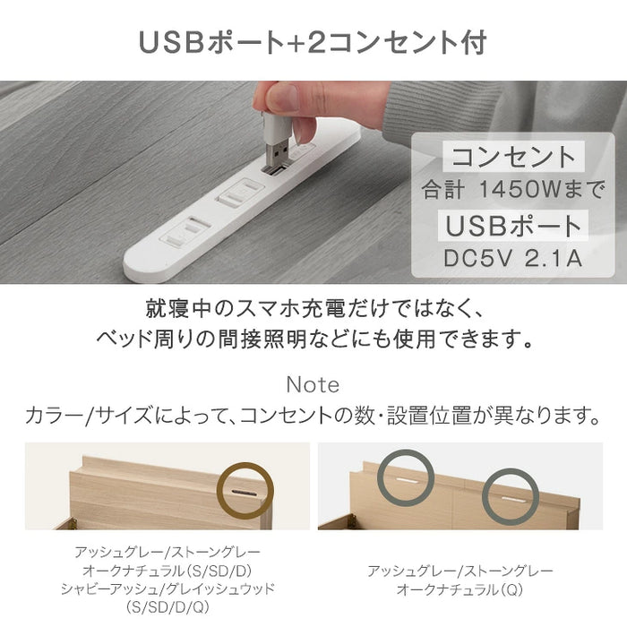 ［クイーン］ローベッド マットレス付 USB・2コンセント&スマホスタンド付 ポケットコイル〔99900422〕