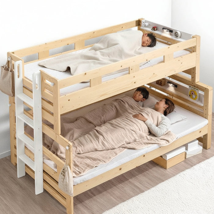 添い寝できる 二段ベッド 分割可能 ライト付 上段シングル 下段セミダブル  宮棚  コンセント ロータイプ 木製 すのこ【超大型商品】〔81200027〕