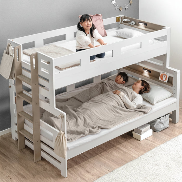 添い寝できる 二段ベッド 分割可能 ライト付 上段シングル 下段セミダブル  宮棚  コンセント ロータイプ 木製 すのこ【超大型商品】〔81200027〕