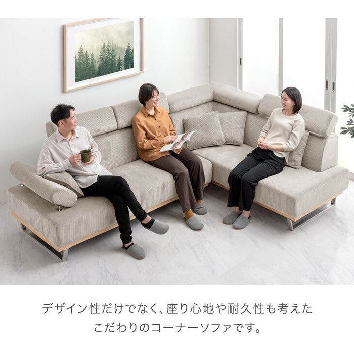 コーデュロイソファ 3人掛け コーナーソファ 肘掛 リクライニング クッション 4個付き L字【搬入設置込み】【超大型商品】〔82500105〕