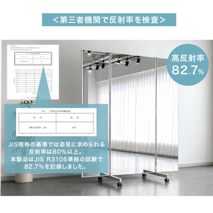 【新発売記念プライス】［160×190］割れない 3面鏡 折りたたみ キャスター付き 全身鏡 超軽量 割れない鏡 フィルムミラー 姿見 鏡【超大型商品】〔83800013〕