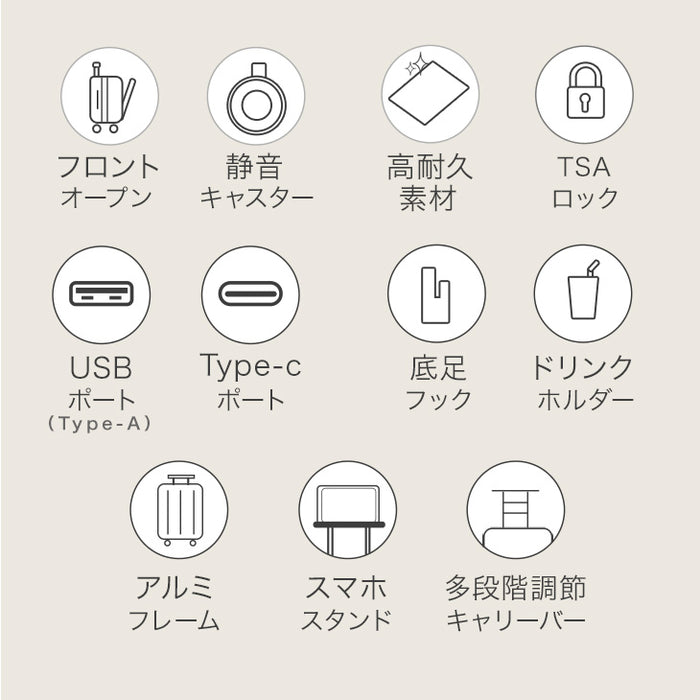 ≪機内持ち込みOK≫ 頑丈 キャリーケース アルミフレーム Sサイズ 39L フロントオープン USB type-c カップホルダー キャスター スーツケース〔84200002〕