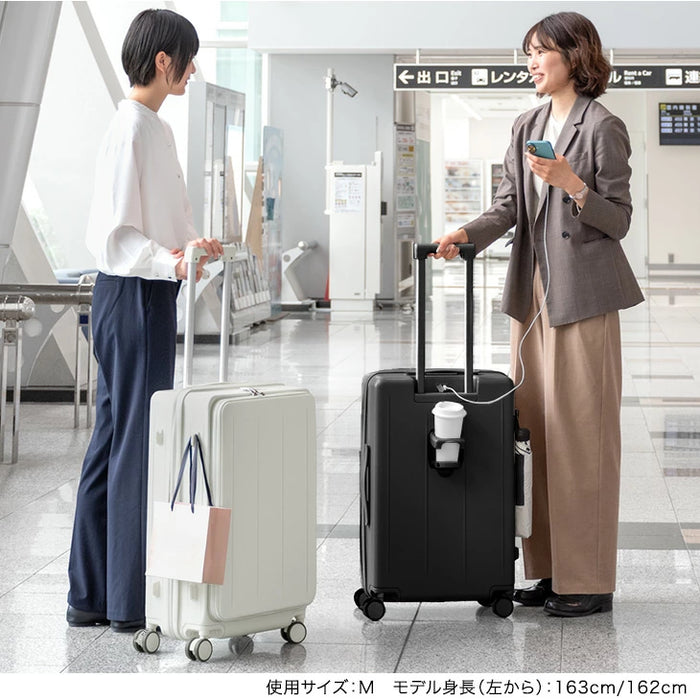 RENEW キャリーケース Mサイズ 省スペース 片開き 多機能 フロントオープン 充電 USB type-c カップホルダー スマホスタンド スーツケース 軽量 静音 かわいい おしゃれ〔84200017〕