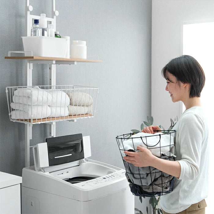 ランドリーラック 突っ張り式 洗濯機収納 高さ調節 幅60 カゴ付き ランドリーラック 突っ張り式 洗濯機収納 高さ調節 幅60 カゴ付き