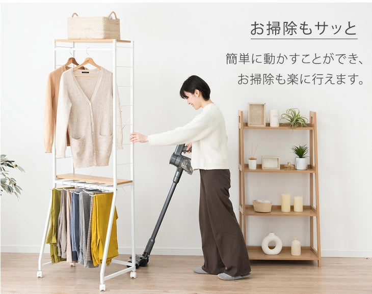 [幅62] RENEW ズボンハンガー付き ハンガーラック  スラックス 15本掛け 大容量 キャスター付 頑丈 コンパクト スリム 2段 省スペース ズボン 収納 棚板〔84300016〕