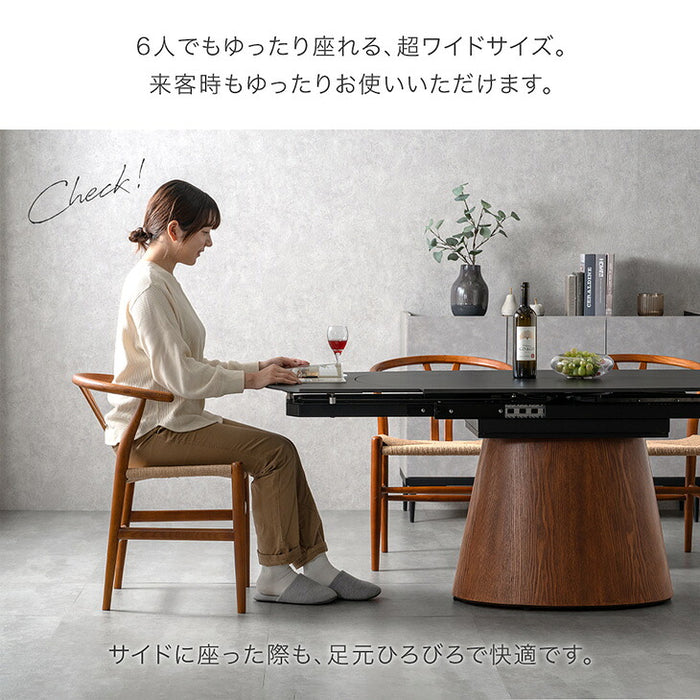 【新発売記念プライス】伸長式 円形ダイニングテーブル 単品 セラミック ～6人掛け 楕円 エクステンション 石目調 木目 1本脚【搬入設置込み】【超大型商品】〔99901338〕