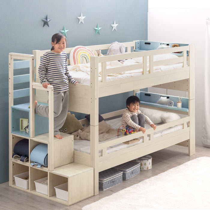 ［お得セット］現役ママが考えた 二段ベッド 高反発マットレス2枚付 階段ラック付き LED照明 分離可能 宮付き 2口コンセント すのこ【超大型商品】〔49601789〕