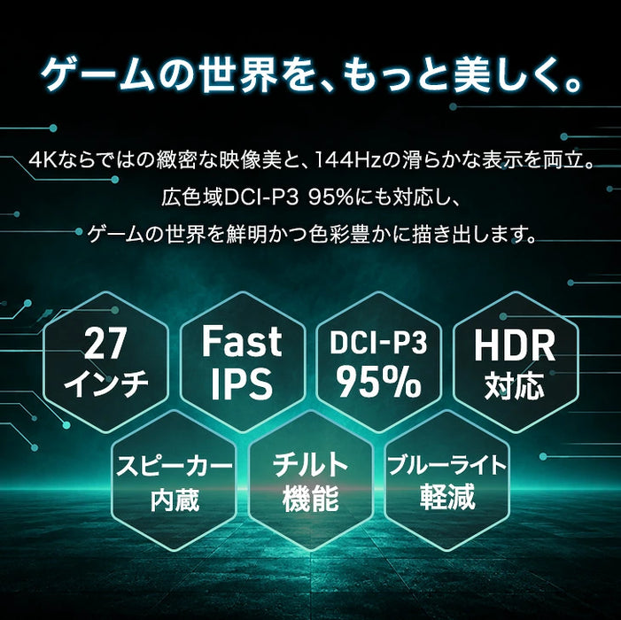 【新発売記念プライス】4K高画質 27インチ 144Hz ゲーミングモニター Fast IPS 4K 3840×2160 0.5ms HDR対応〔91200002〕