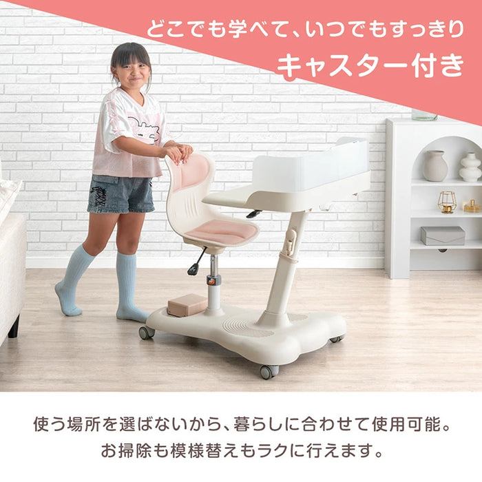 一体型デスク＆チェア セット 高さ調整 キャスター付き キッズデスク キッズチェア〔92002802〕